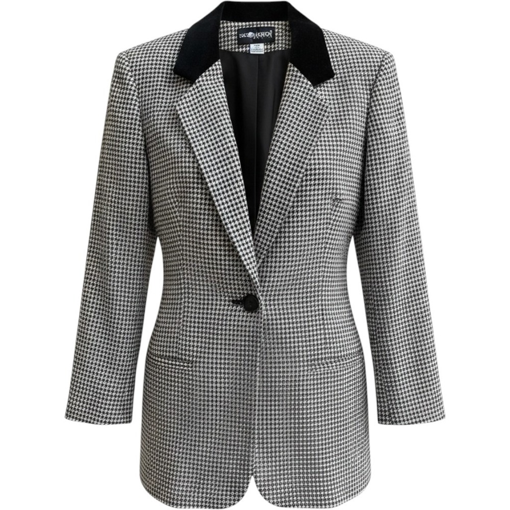 Houndstooth Blazer Sag Harbor Vintage Wool Blend Black White Velvet Jacket